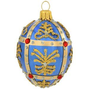 NWT Blue & Gold Glass 3" Egg Ornament-Christmas-glitter-red jewel-holiday-blown